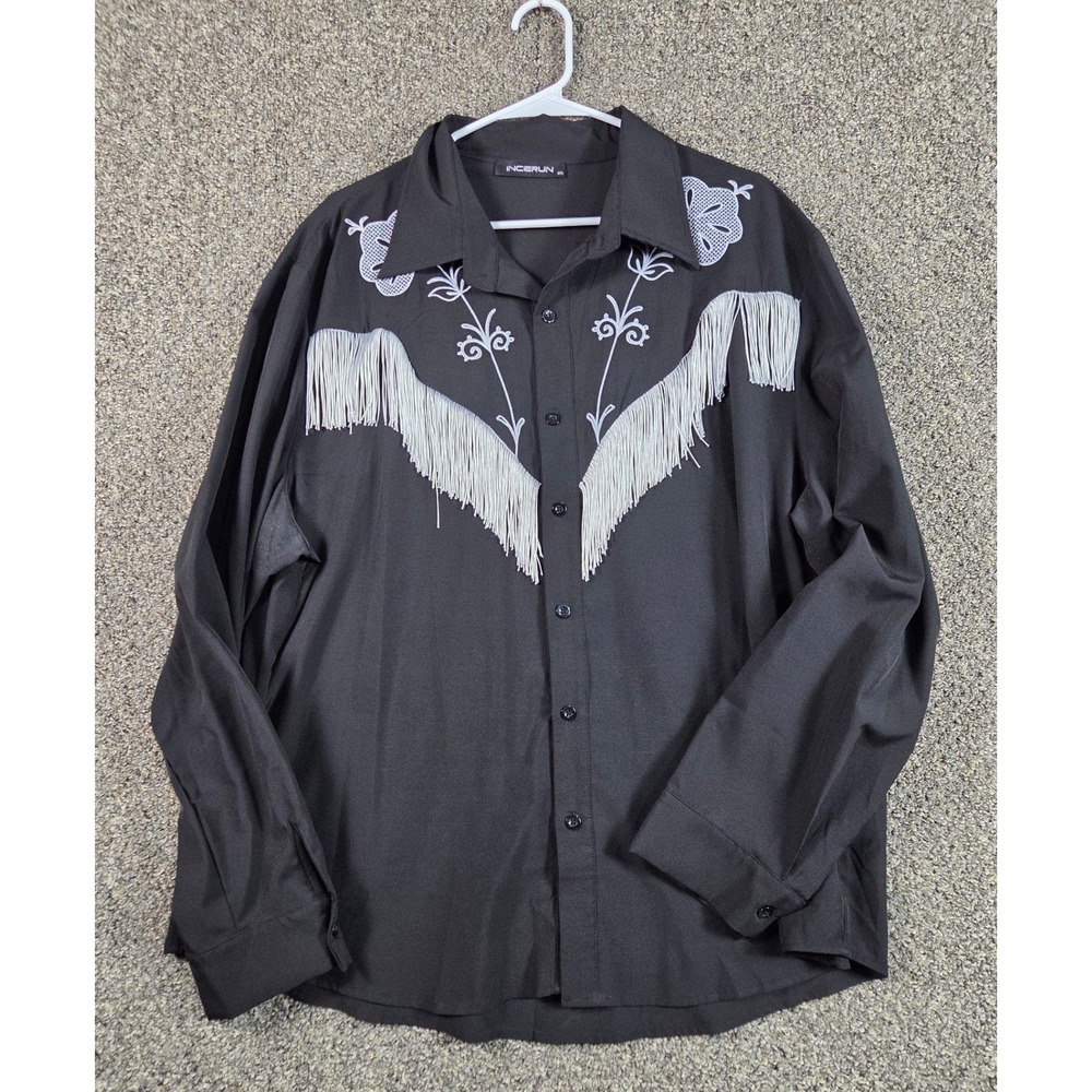 Incerun Western Shirt Mens 3XL Black Fringe Floral Embroidery Cowboy Street